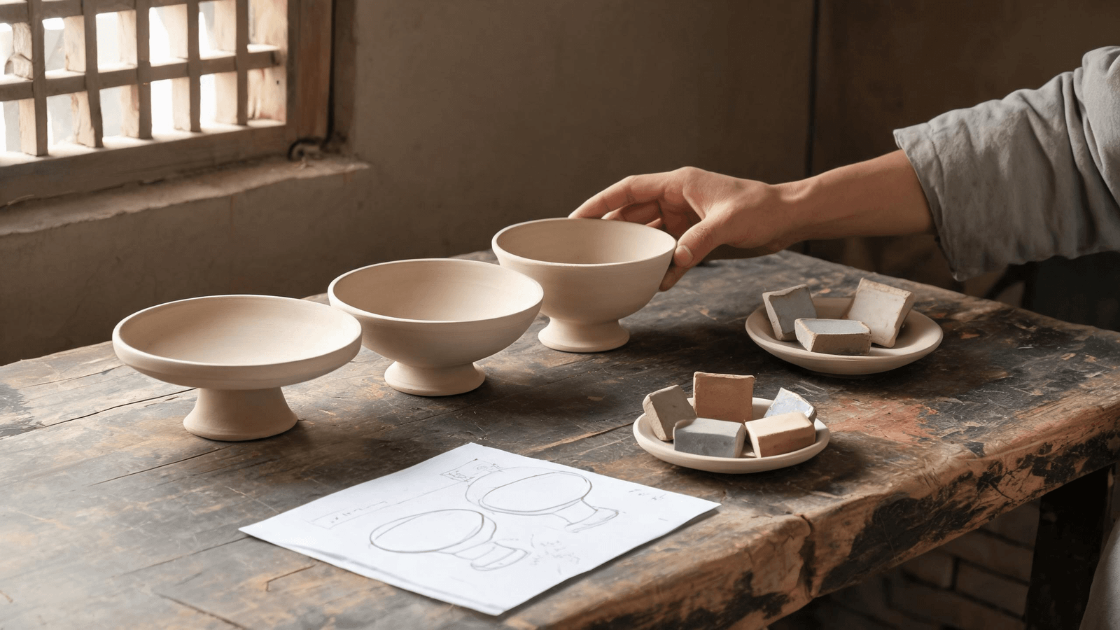 Closely related ceramic prototypes being reviewed during custom development at Chenlu