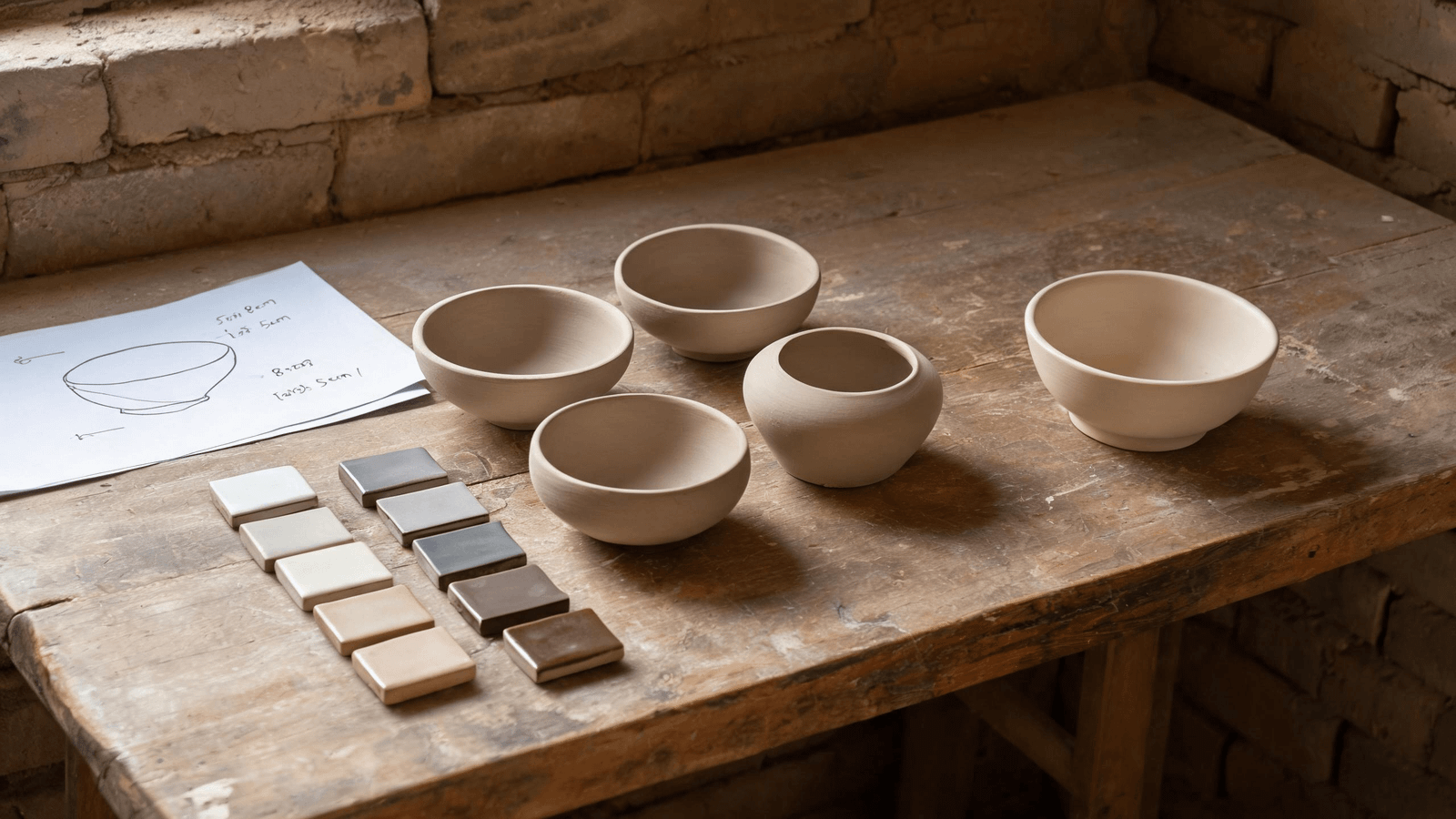 Ceramic development table showing one project progressing through prototypes, glaze tests and a working sample