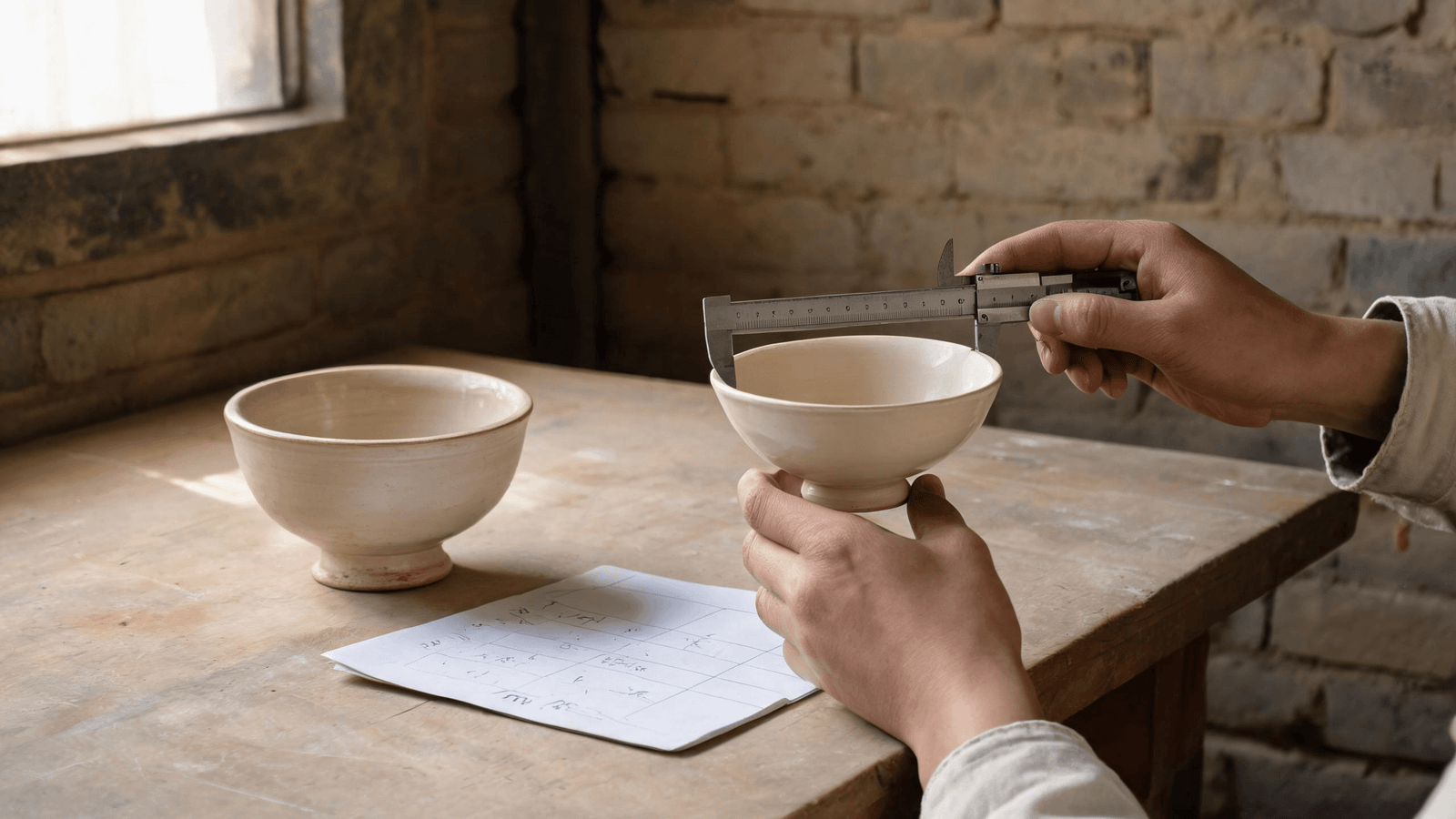 Ceramic sample being measured and compared during project approval