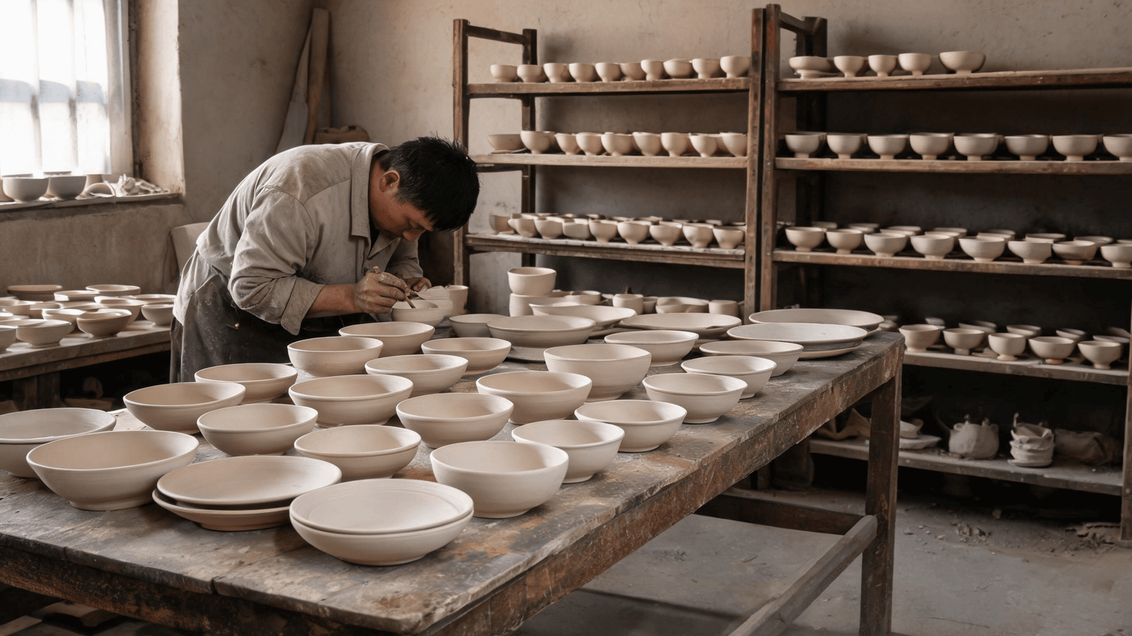 Multiple related ceramic pieces moving through organized project production at Chenlu