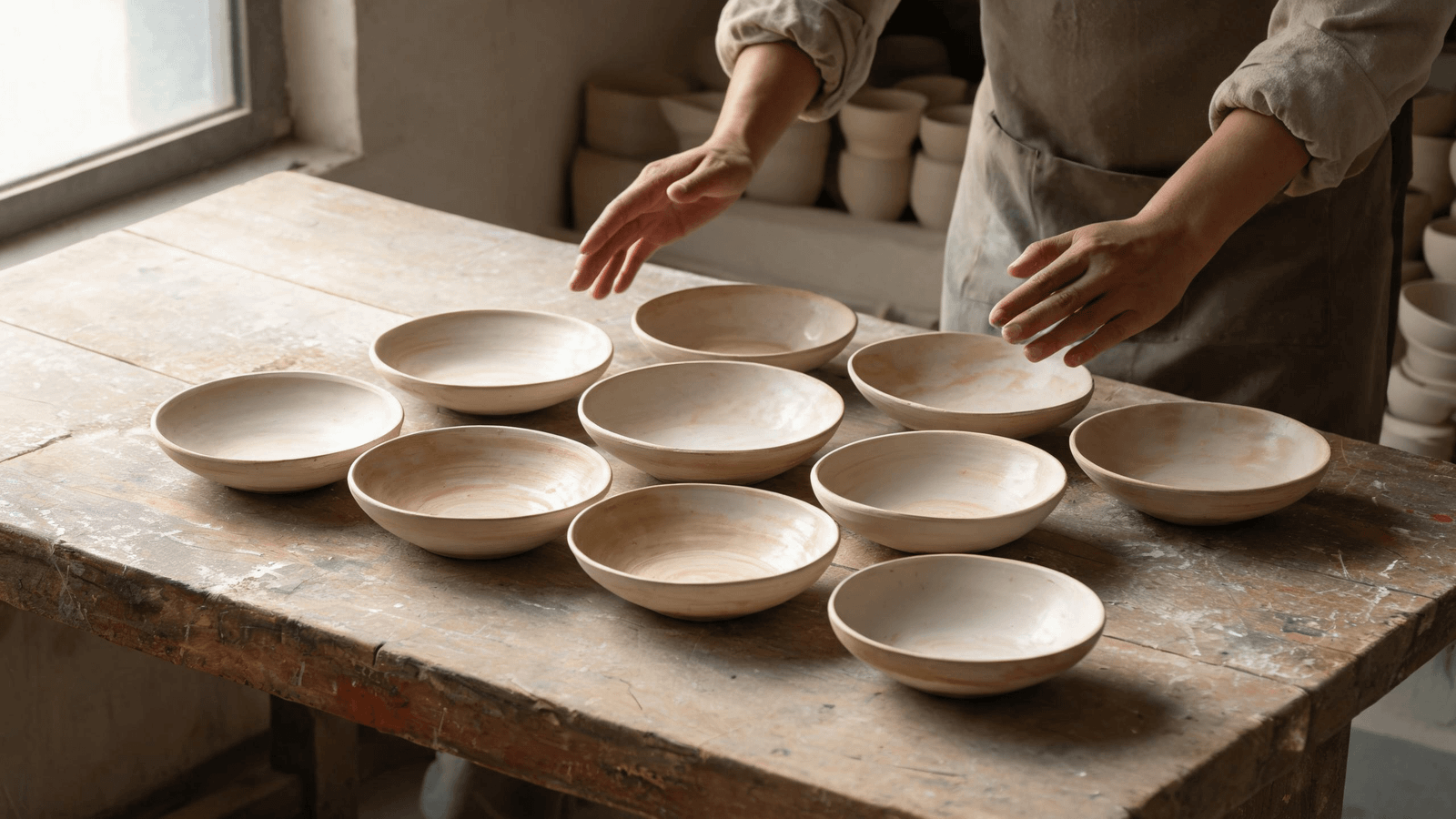 A production group of related ceramic pieces being compared against an approved reference