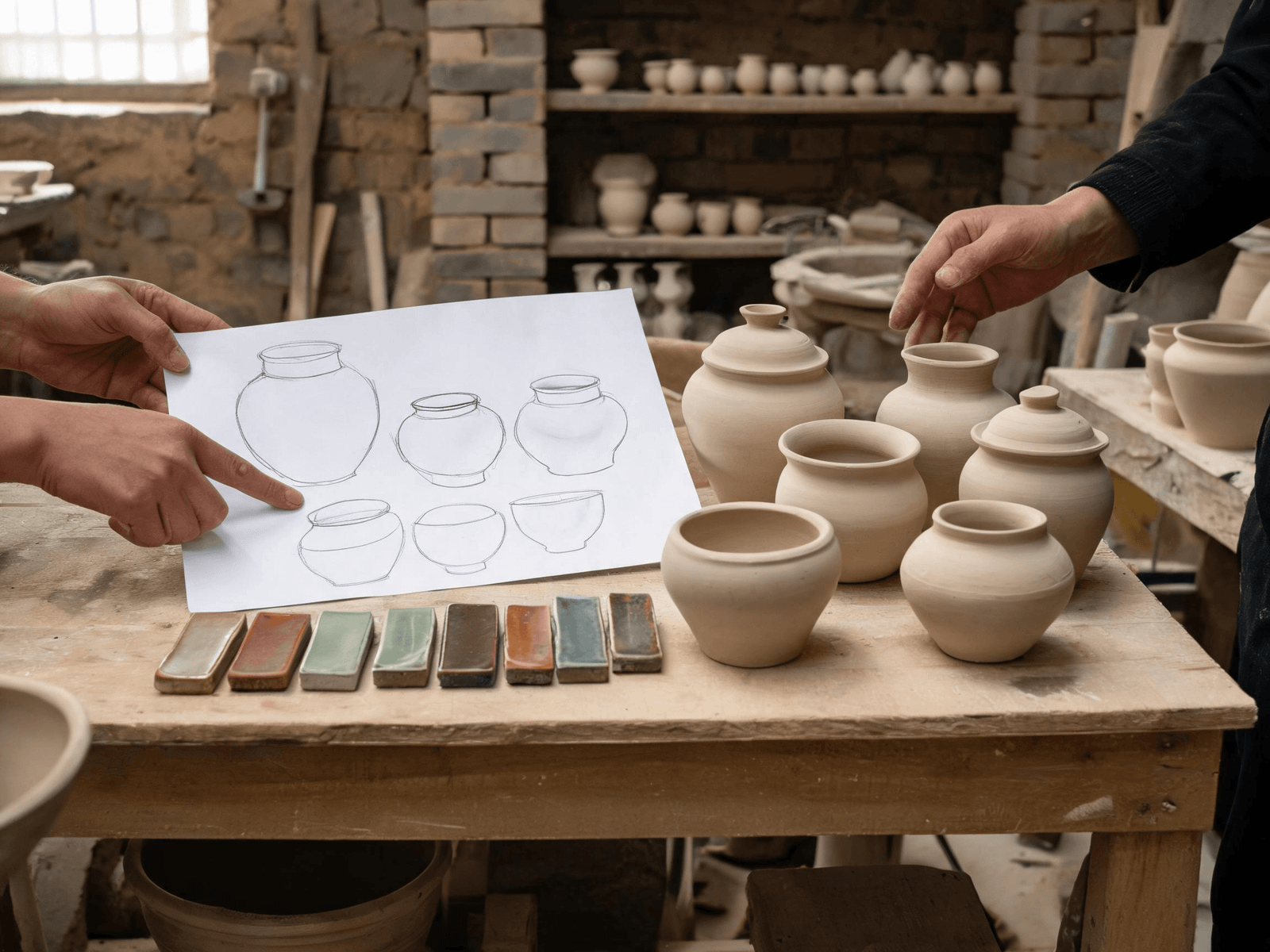 Designer and ceramic maker reviewing prototypes and material tests together