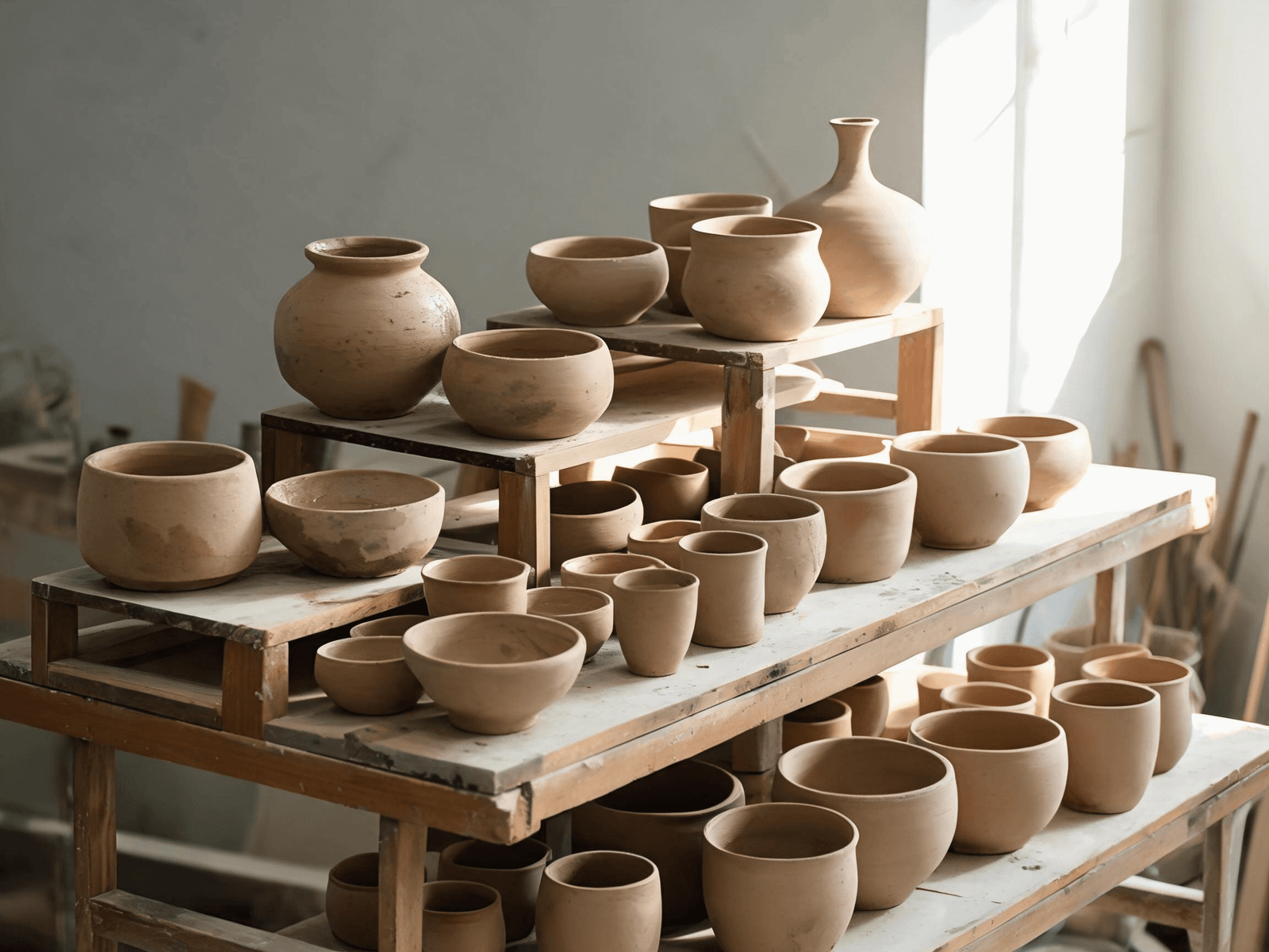 Unfired ceramic vessels resting and drying