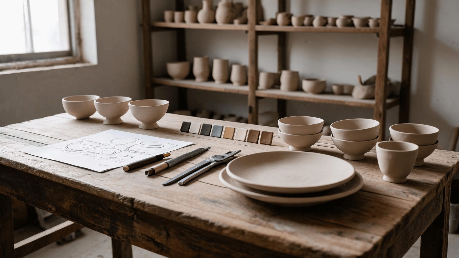 Ceramic prototypes and glaze samples on a project development table