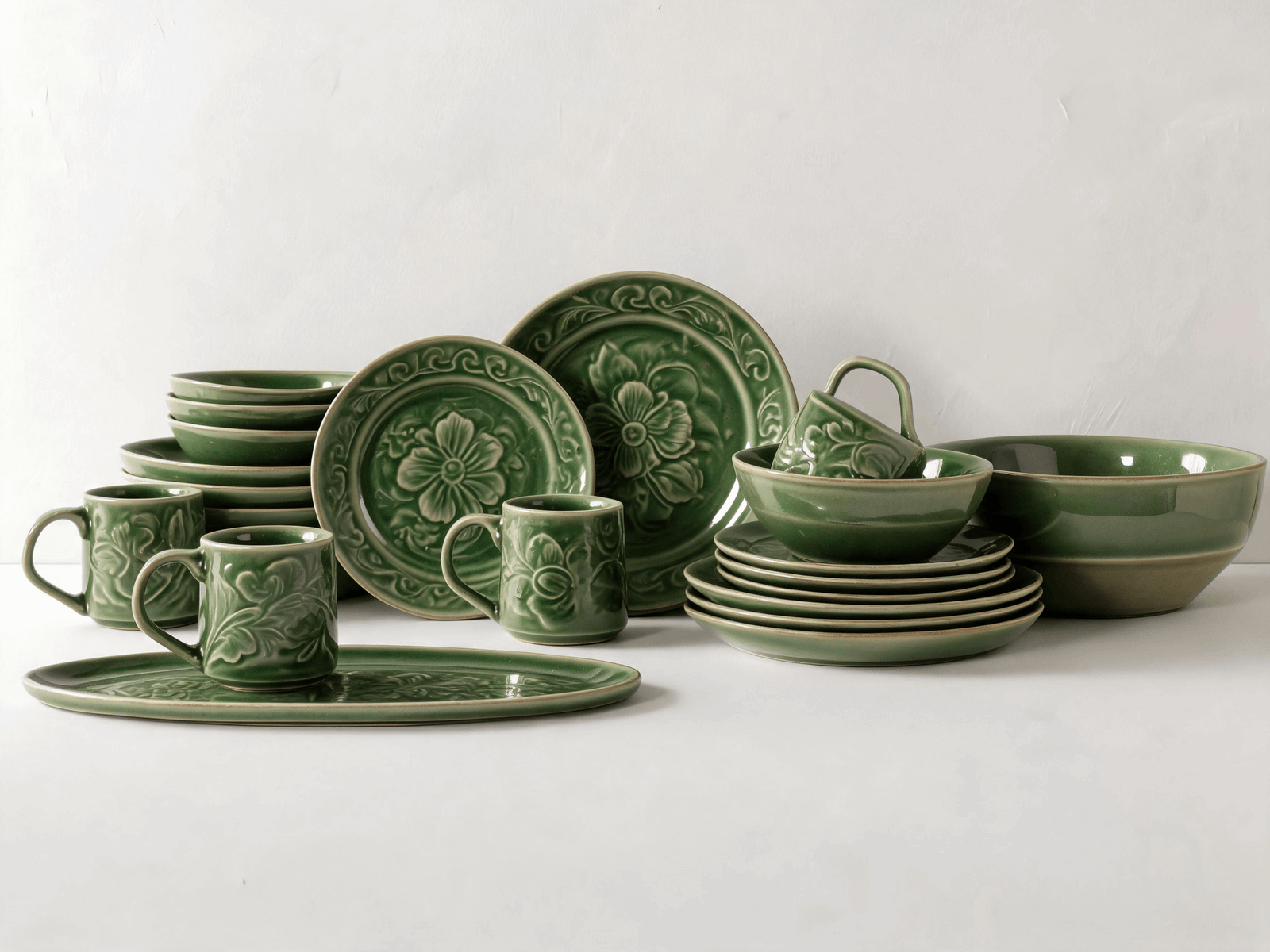 A coordinated Chenlu ceramic tableware family of plates bowls cups and serving pieces